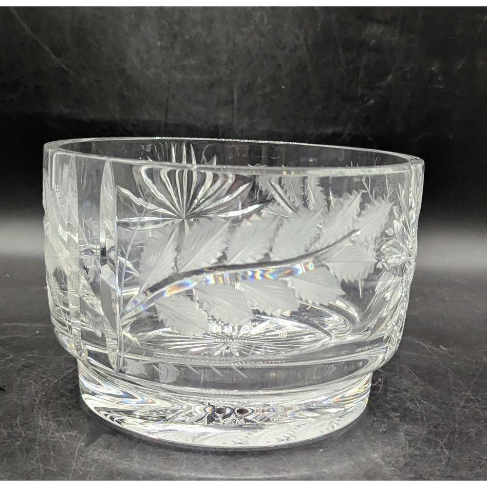 Vintage DRESDEN Cut Crystal Glass Bowl Leaves Flowers Signed 7" Etched Leaves